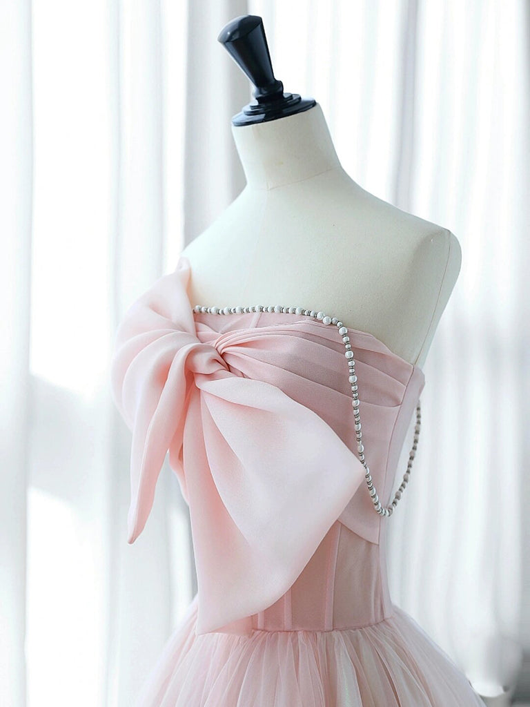A-Line Tulle Pink Long Prom Dress, Pink Long Formal Dress
