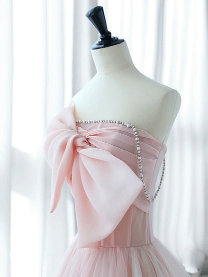 A-Line Tulle Pink Long Prom Dress, Pink Long Formal Dress