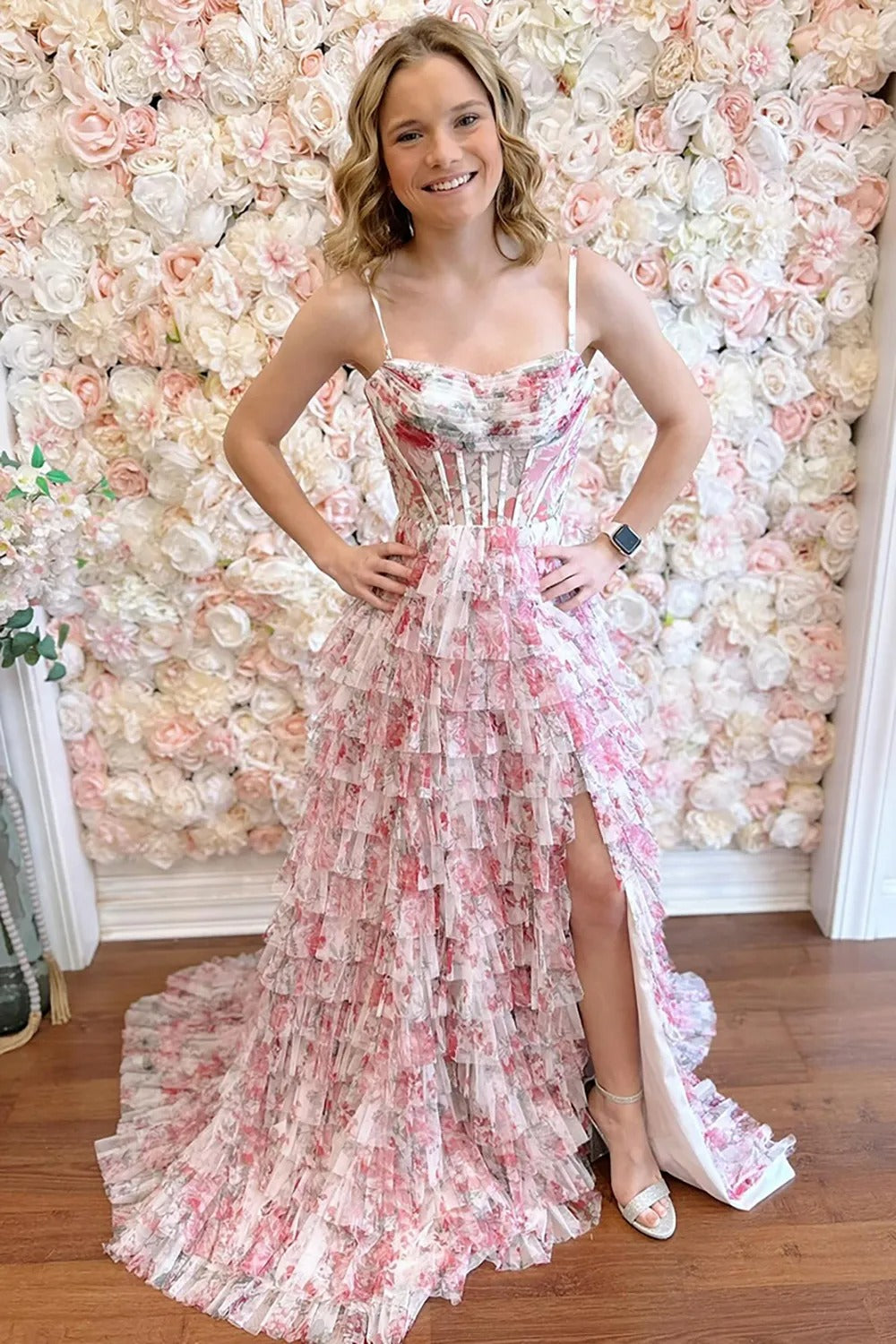 Pink Floral Print Spaghetti Straps A Line Tiered Long Corset Prom Dress
