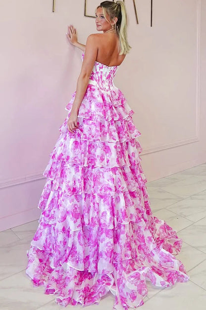 Pink Floral Printed Ruffle Tiered Long Prom Dresses with Slit