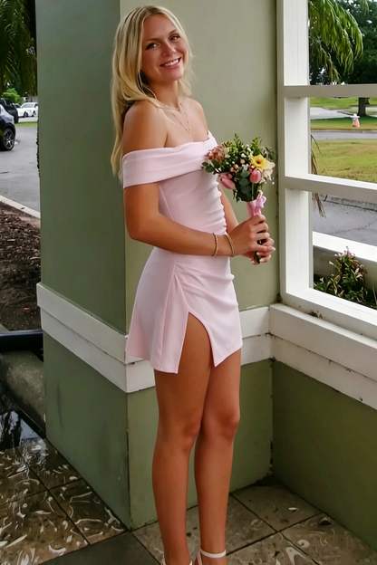 Pink Off-Shoulder Satin Pleats Bodycon Short Homecoming Dress with Slit