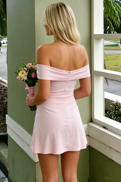 Pink Off-Shoulder Satin Pleats Bodycon Short Homecoming Dress with Slit