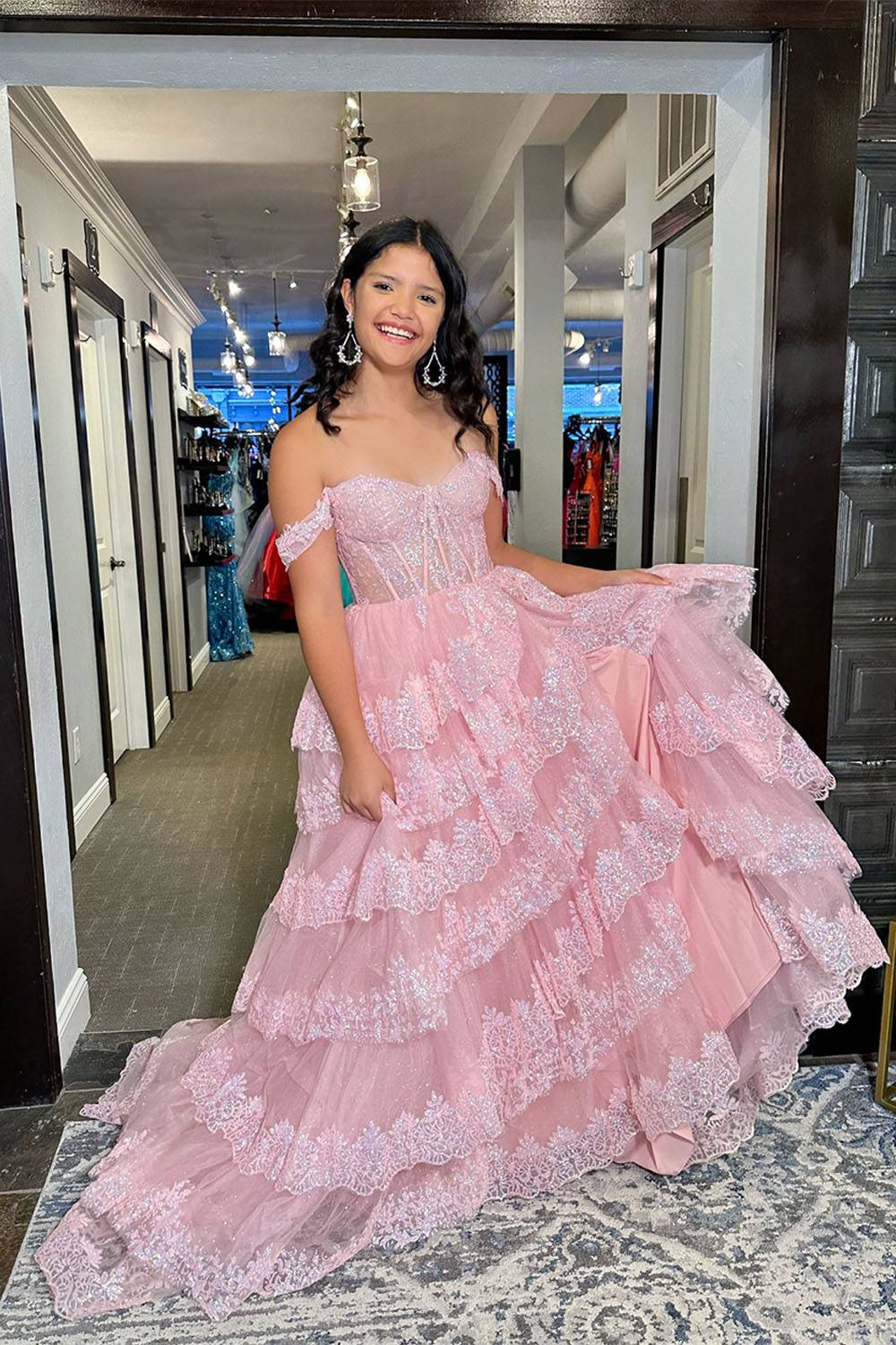 Pink Off the Shoulder Princess Ruffled Long Prom Dress with Appliques