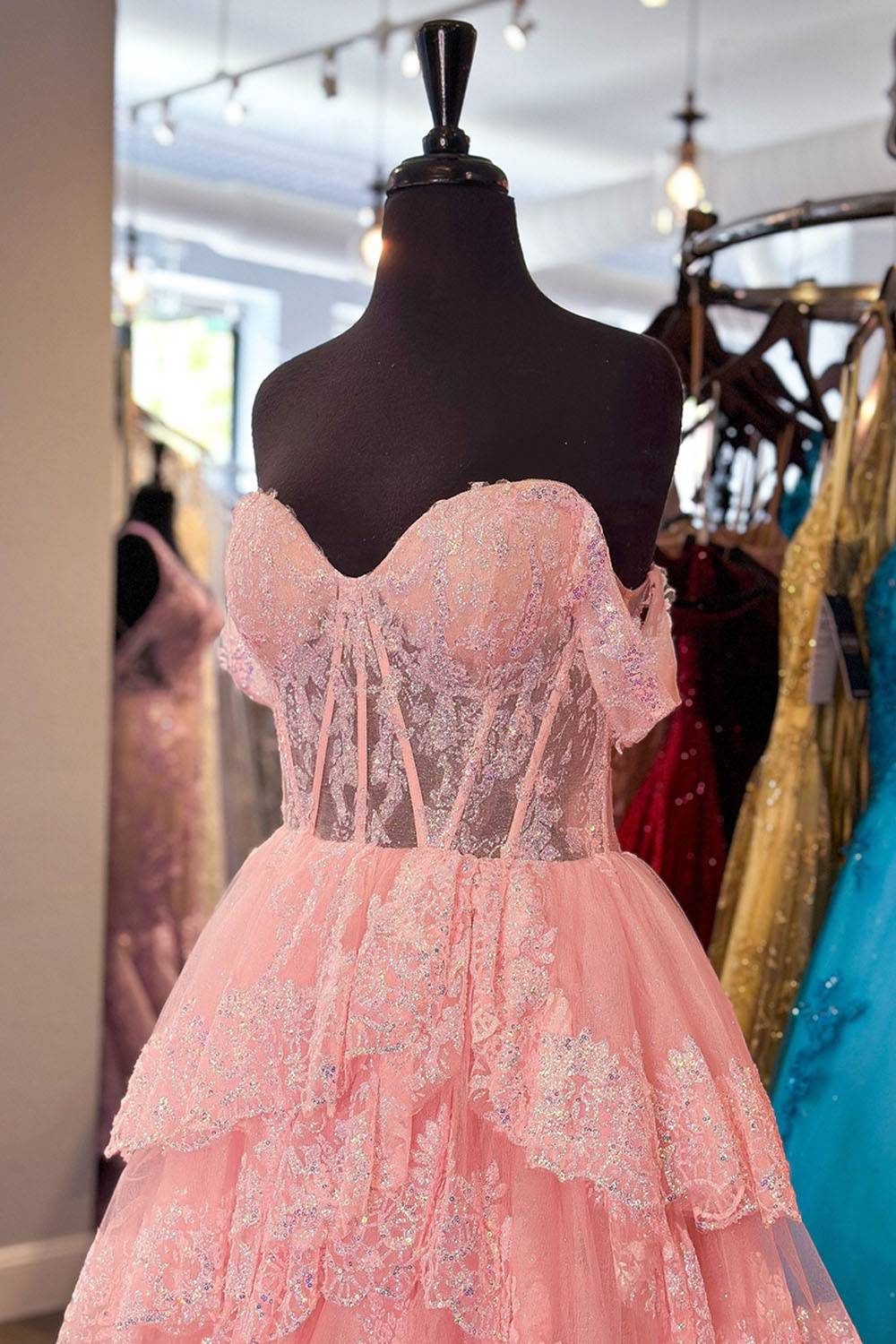 Pink Off the Shoulder Princess Ruffled Long Prom Dress with Appliques