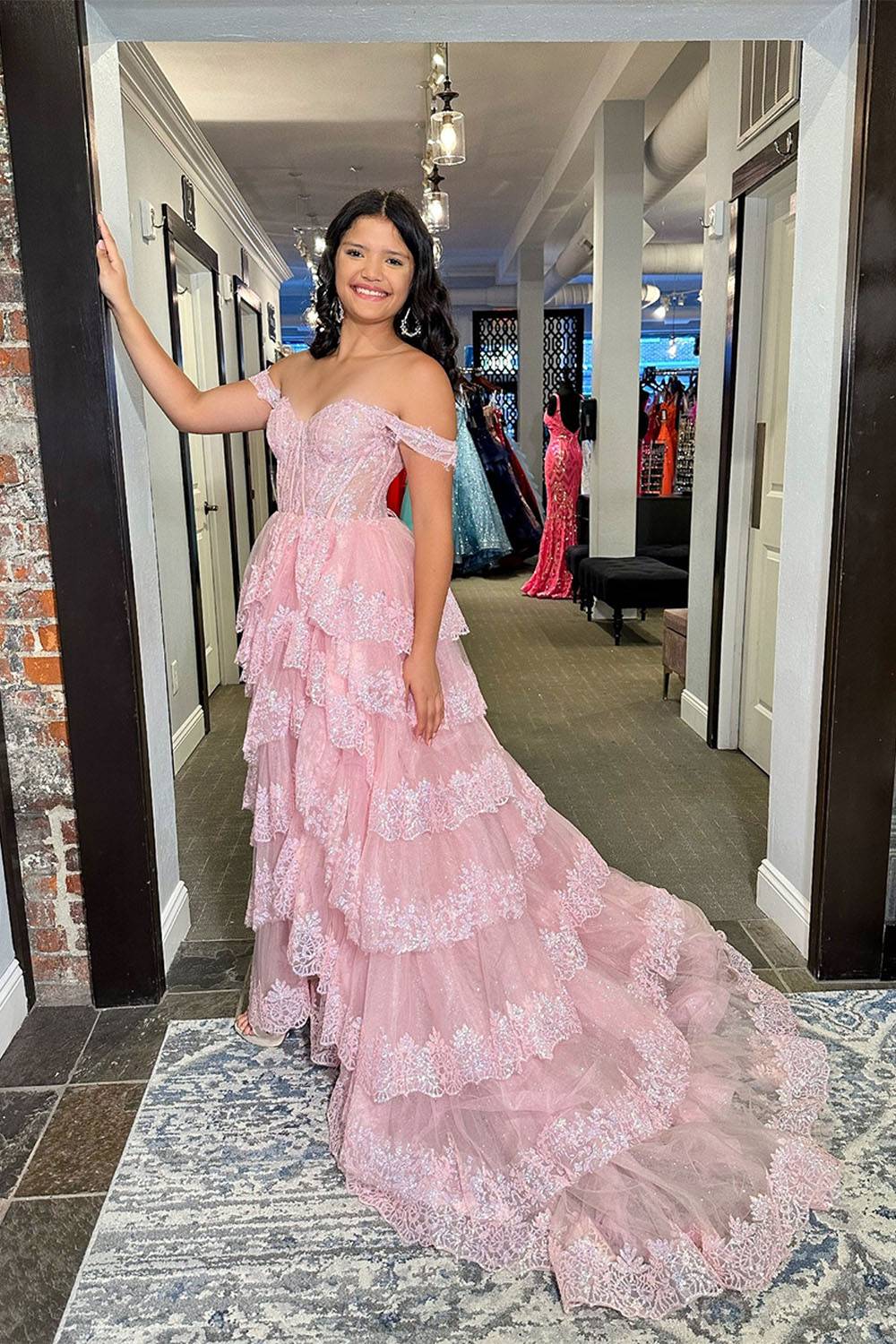 Pink Off the Shoulder Princess Ruffled Long Prom Dress with Appliques