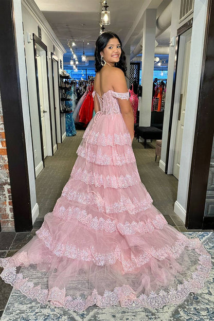 Pink Off the Shoulder Princess Ruffled Long Prom Dress with Appliques