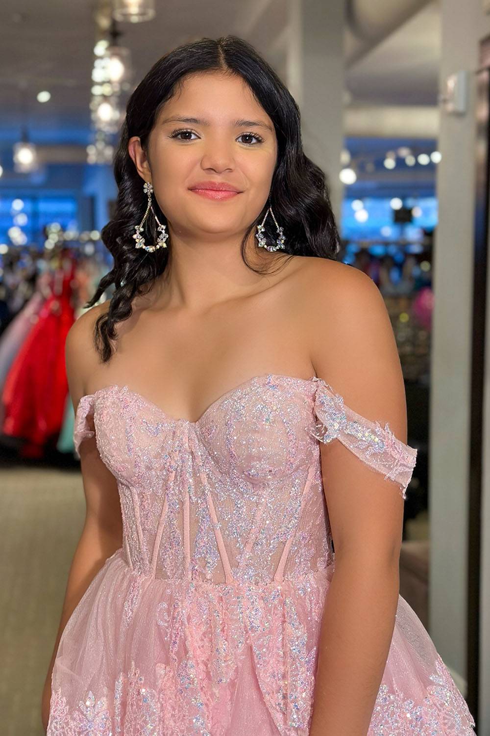Pink Off the Shoulder Princess Ruffled Long Prom Dress with Appliques