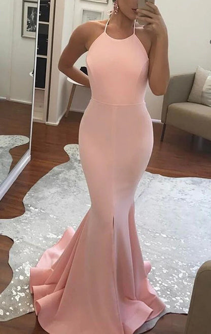 Pink Satin Halter Mermaid Long Prom Drses