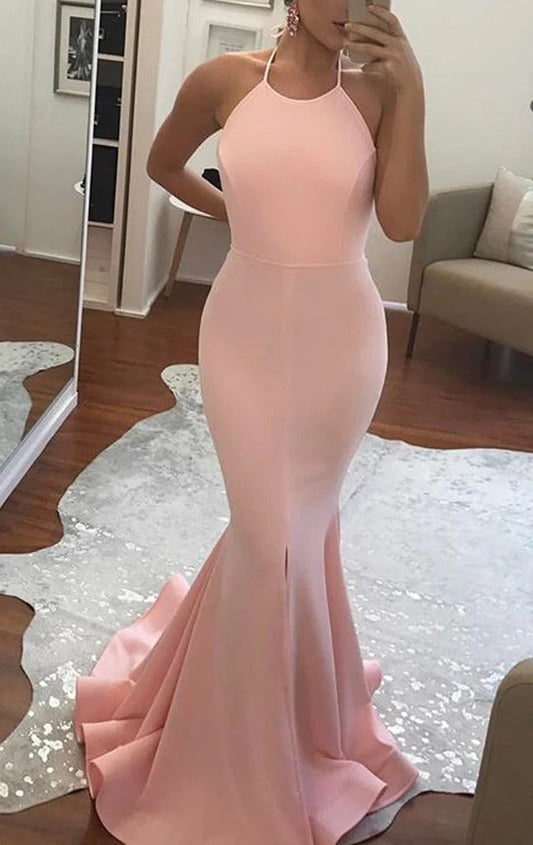 Pink Satin Halter Mermaid Long Prom Drses