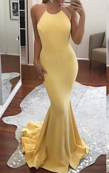 Pink Satin Halter Mermaid Long Prom Drses