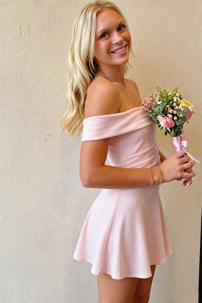 Pink Satin Off-Shoulder A-Line Pleats Short Party Homecoming Dress