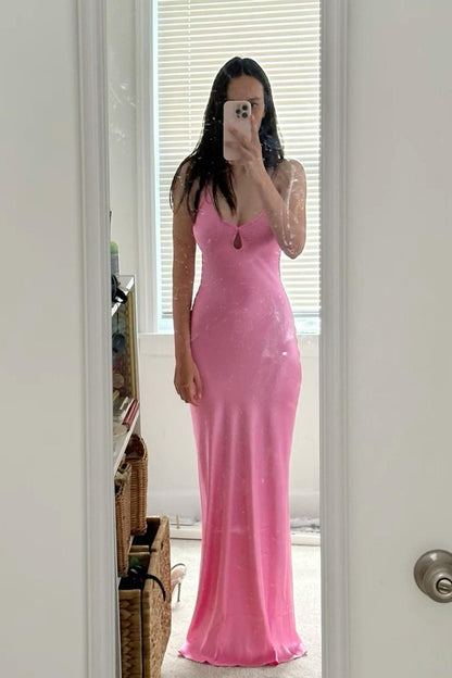 Pink Satin Spaghetti Straps Sheath Backless Long Prom Dress