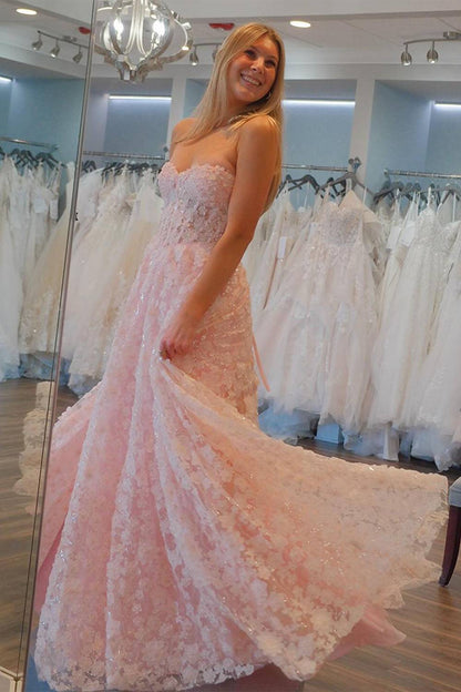 Pink Sweetheart A-Line Long Corset Prom Dress with Appliques