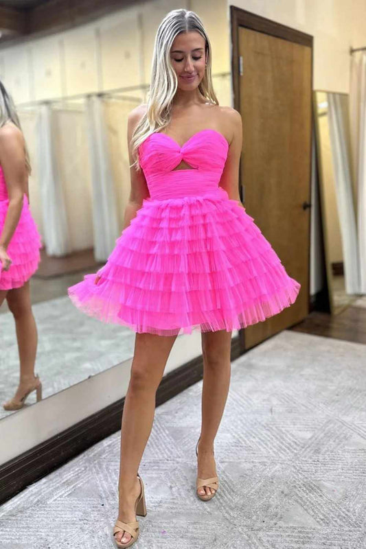 Pink Keyhole Strapless A-Line Ruffles Short Homecoming Dress