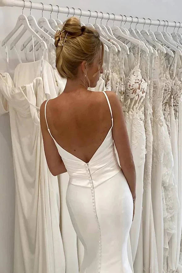 Satin Mermaid Spaghetti Straps Pleated Wedding Dresses Bridal Gown