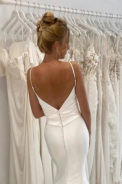 Satin Mermaid Spaghetti Straps Pleated Wedding Dresses Bridal Gown
