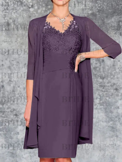 Two Piece Ruffle Chiffon Mother of the Bride Outfit Lace Short Wedding Guest Dress