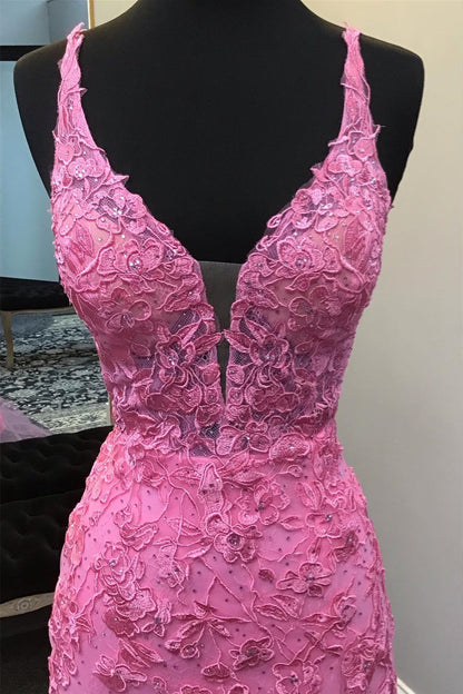 Fitted Appliques Long Prom Dress with Slit Open Back