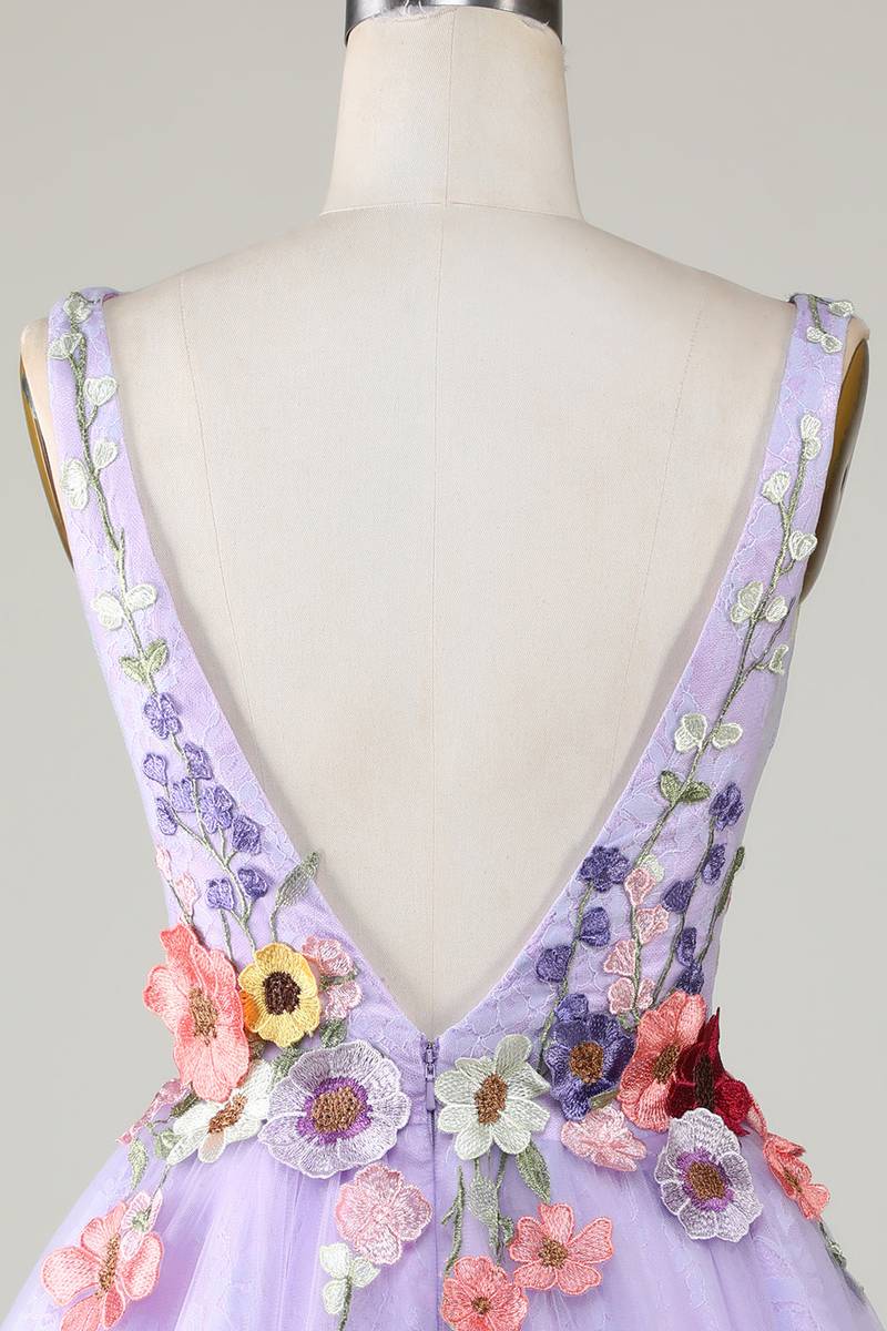 Plunging Neck Lavender Floral Backless Short Floral Dress