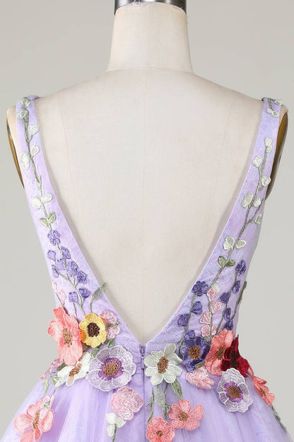 Plunging Neck Lavender Floral Backless Short Floral Dress