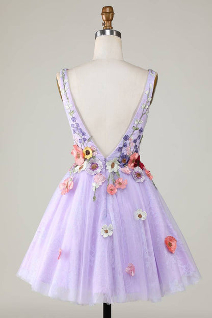 Plunging Neck Lavender Floral Backless Short Floral Dress