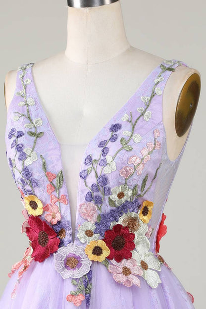 Plunging Neck Lavender Floral Backless Short Floral Dress
