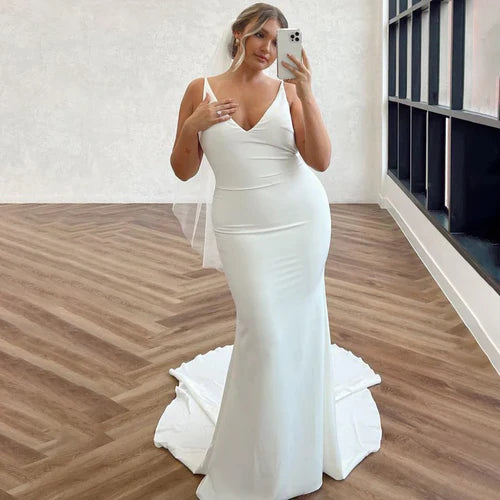 Aimishang Elegant Mermaid Chiffon Detachable Drape Back V-neck Satin Wedding Dresses