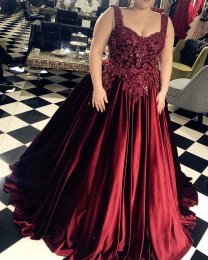 Plus Size Velvet Ball Gown Dresses Appliques Beaded