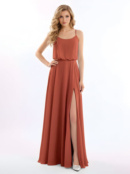 Spaghetti Strap Scoop Chiffon Dresses with Slit Rust