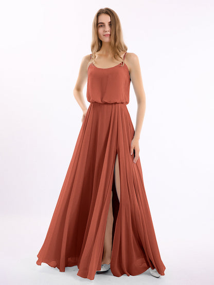 Spaghetti Strap Scoop Chiffon Dresses with Slit Rust