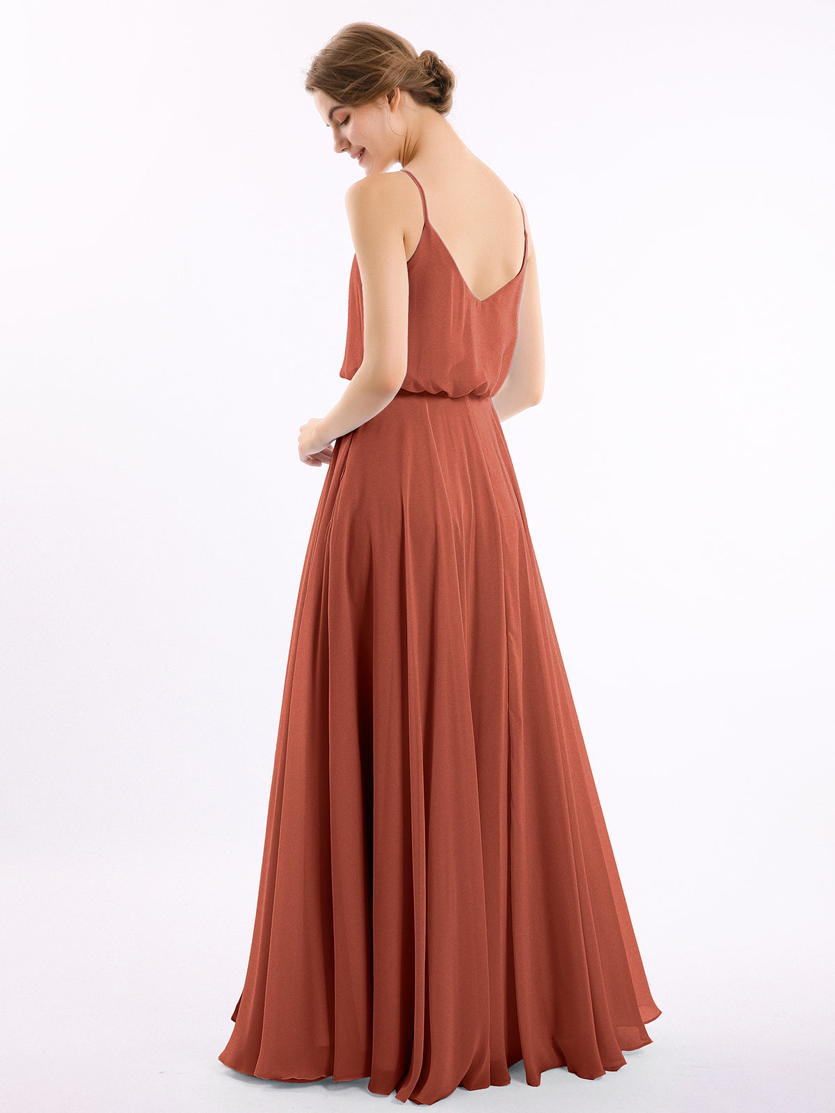 Spaghetti Strap Scoop Chiffon Dresses with Slit Rust