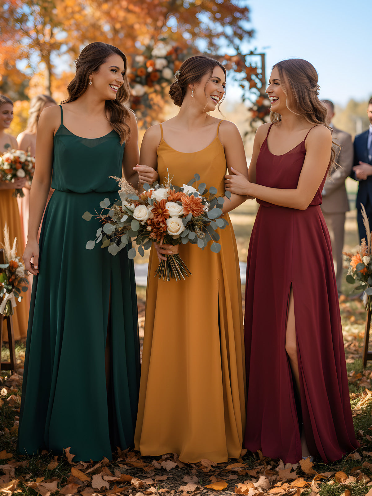 Spaghetti Strap Scoop Chiffon Dresses with Slit Rust