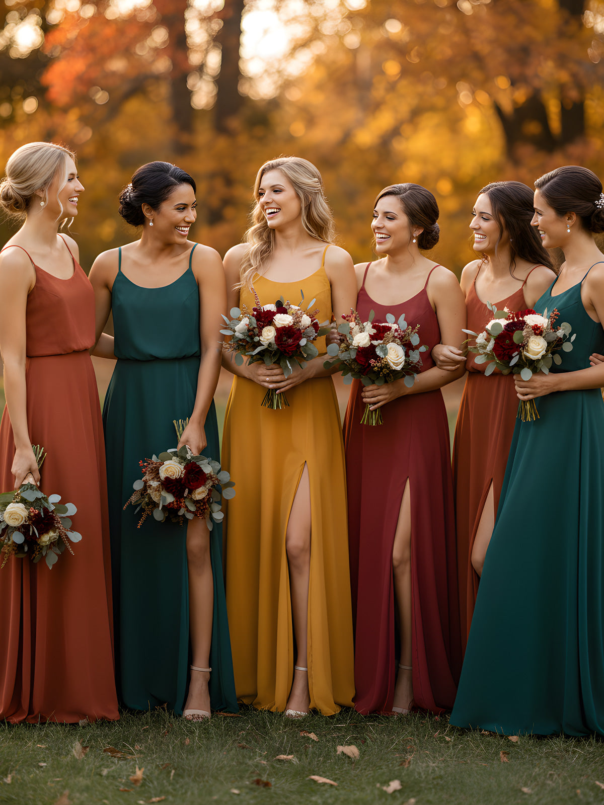 Spaghetti Strap Scoop Chiffon Dresses with Slit Rust