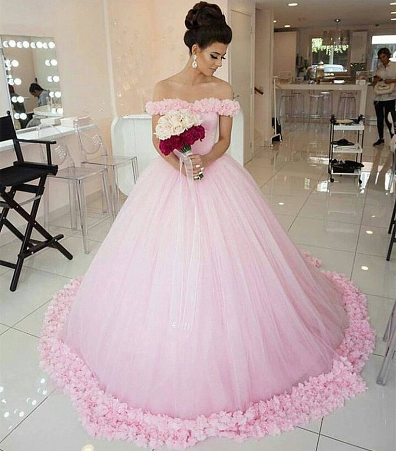 Pretty Blush Pink Tulle Flower Ball Gowns Quinceanera Dress For Sweet 16