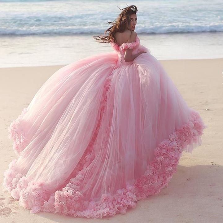 Pretty Blush Pink Tulle Flower Ball Gowns Quinceanera Dress For Sweet 16