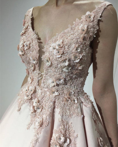 Pretty Pink Lace Appliques V Neck Ball Gown Wedding Dresses With Flowers