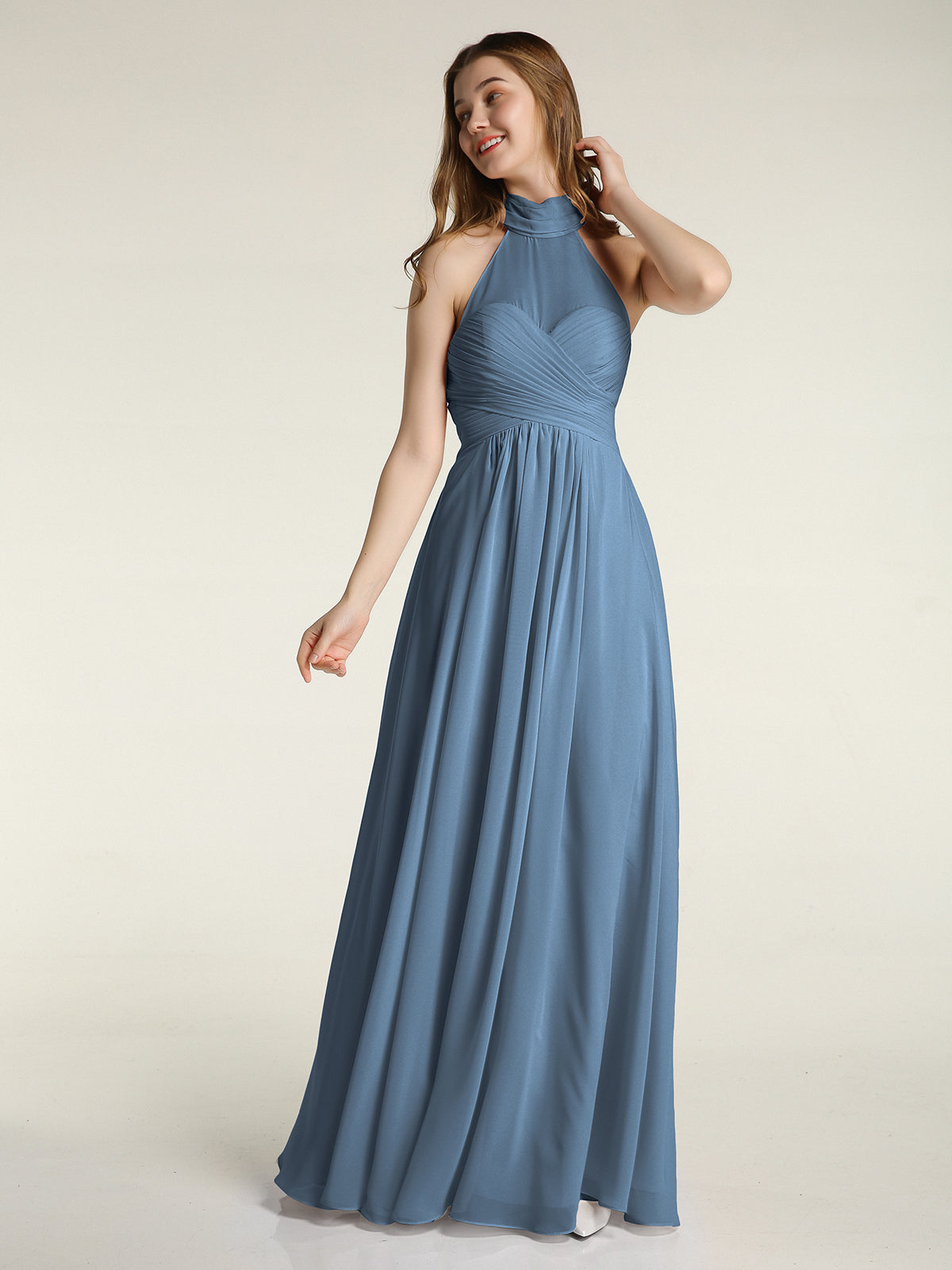 Illison High Neck Cross Bust Chiffon Dresses-Slate Blue