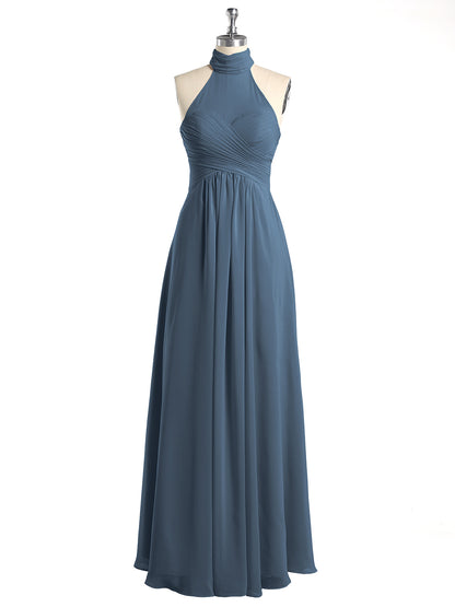 Illison High Neck Cross Bust Chiffon Dresses-Slate Blue