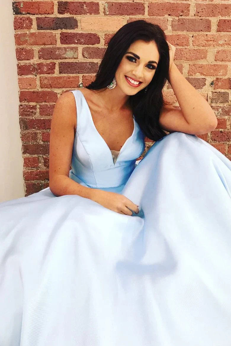 Aimishang Prom Dresses A Line Deep V Neck Long Satin Backless Evening Dresses