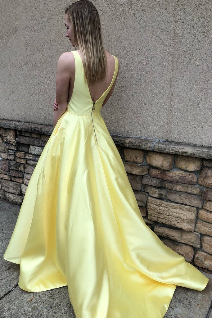 Aimishang Prom Dresses A Line Deep V Neck Long Satin Backless Evening Dresses