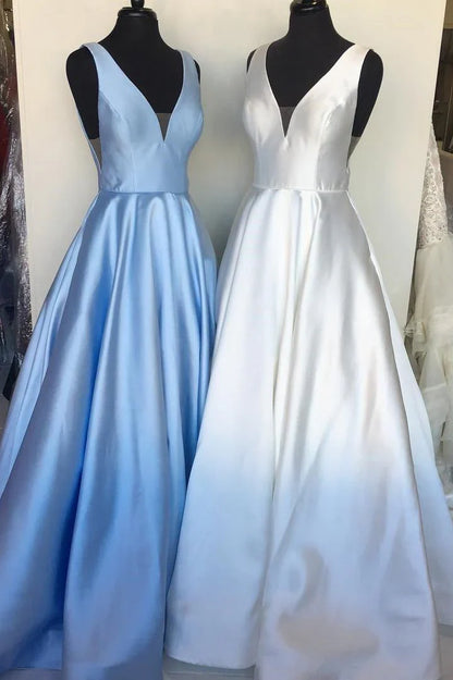 Aimishang Prom Dresses A Line Deep V Neck Long Satin Backless Evening Dresses