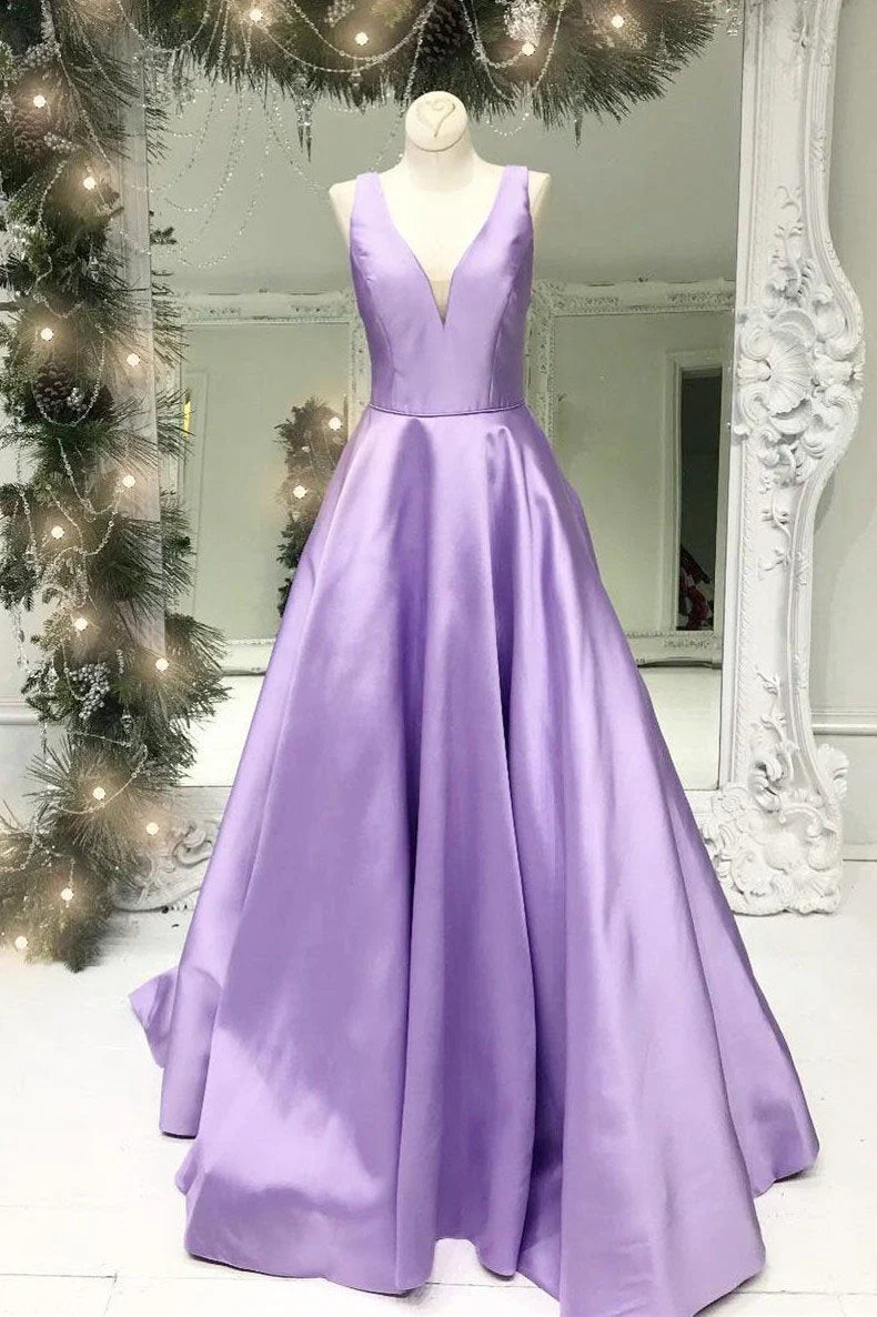 Aimishang Prom Dresses A Line Deep V Neck Long Satin Backless Evening Dresses