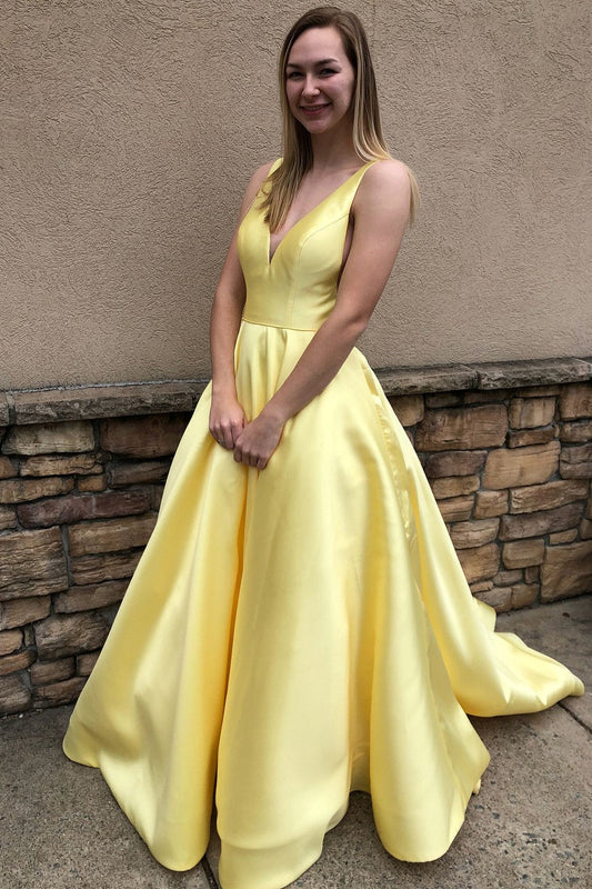 Aimishang Prom Dresses A Line Deep V Neck Long Satin Backless Evening Dresses