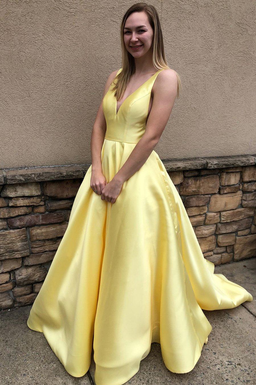 Aimishang Prom Dresses A Line Deep V Neck Long Satin Backless Evening Dresses