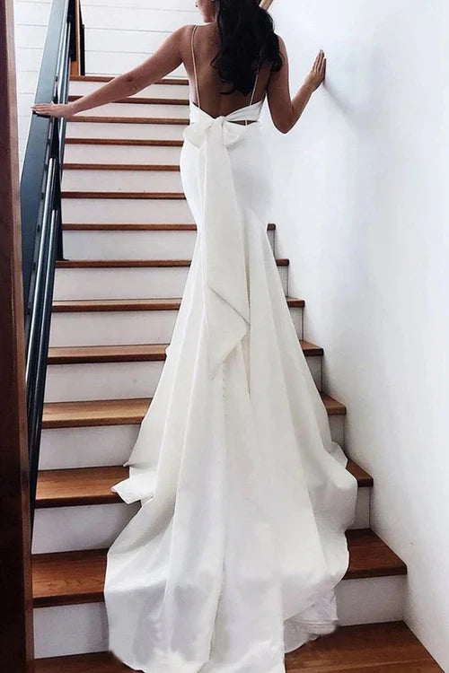 Aimishang Elegant Mermaid Spaghetti Straps Backless V Neck Mermaid Wedding Dresses