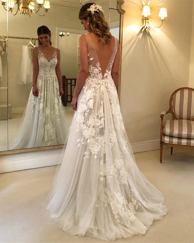 Princess Style A-line V-neck Tulle Floor Length Wedding Dresses Lace Embroidery