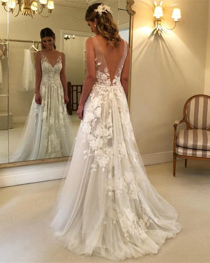 Princess Style A-line V-neck Tulle Floor Length Wedding Dresses Lace Embroidery