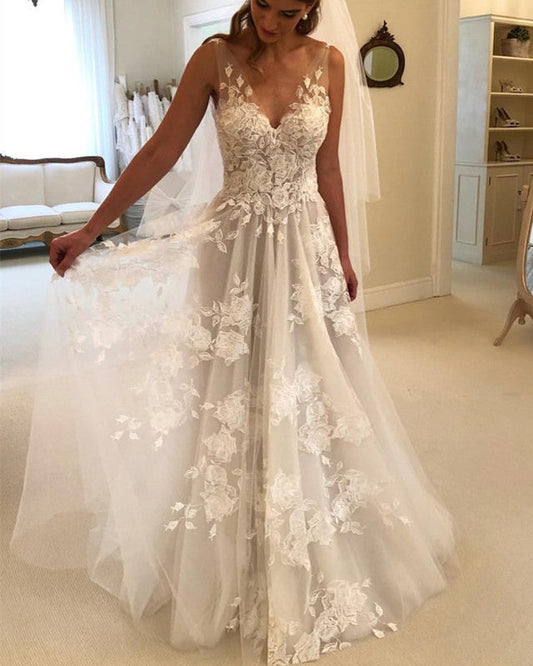 Princess Style A-line V-neck Tulle Floor Length Wedding Dresses Lace Embroidery