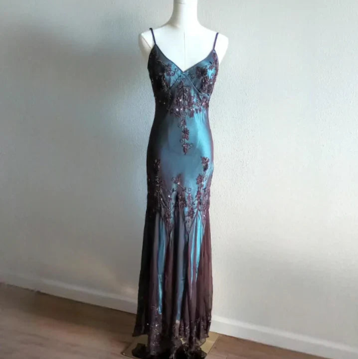 Turquoise Vintage Elegant Exquisite Floral Beading Spaghetti Strap Long Chiffon Ball Gown Evening Dress Birthday Party Dress Formal Women Prom Dress gh3931