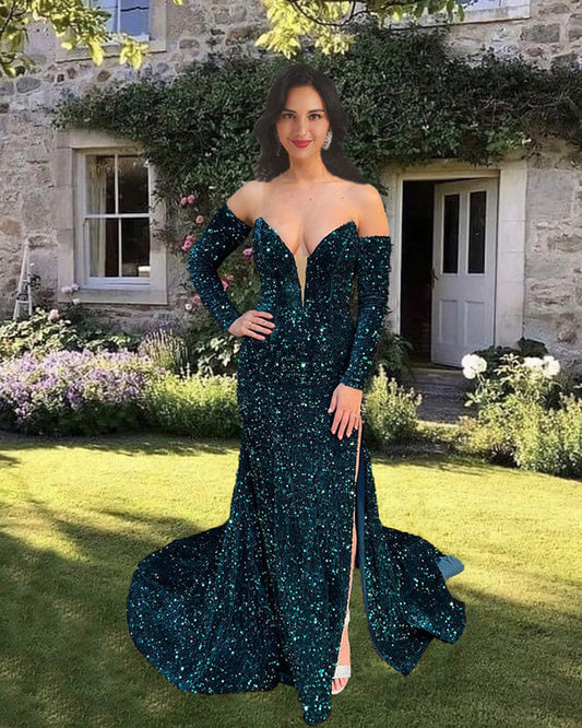 Mermaid Dark Green Split Sequined Dress With Sleeves